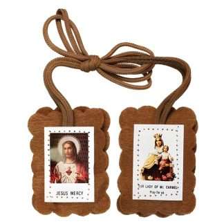 Brown Scapular with leaflet, devotional sign of Mary’s protection and grace
