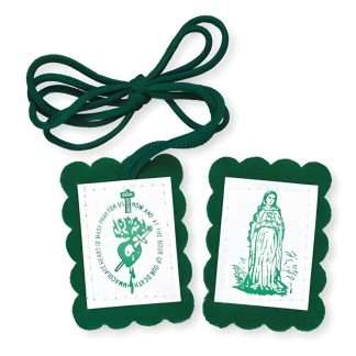 Green Scapular with picture of Blessed Virgin Mary and Immaculate Heart, known for conversions and cures, includes devotional leaflet