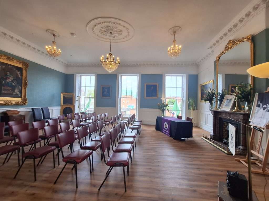 Room No. 42 Side View with Chair Setup Side view of Room No. 42 set up with rows of chairs, ready for an event or meeting