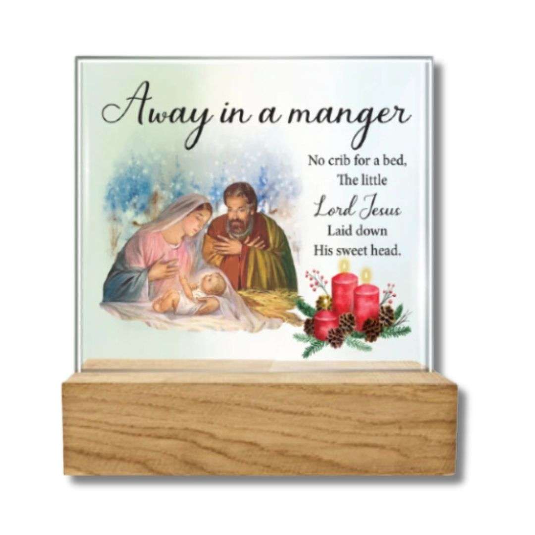 Away in a Manger Glass and Wood Plaque