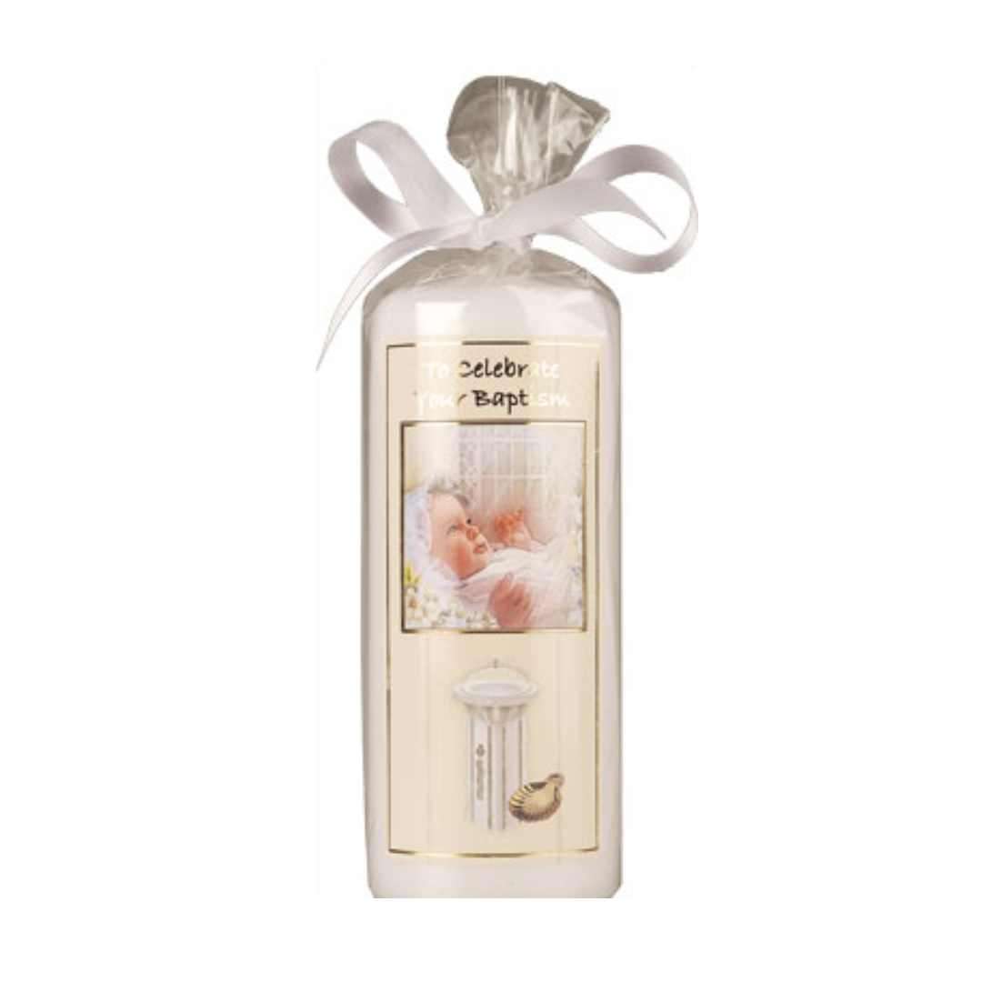 Neutral 6-inch baptismal baby candle, gift wrapped with ribbon, 46-hour burn time