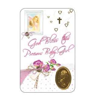 God Bless This Precious Baby Girl keepsake card with gold foil medal and prayer on reverse