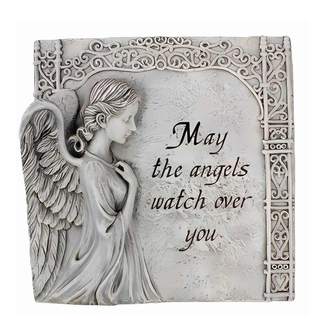 Sorrowful angel resin grave plaque with stone-look finish and the message “May the Angels Watch over You,” for indoor or outdoor memorial use.