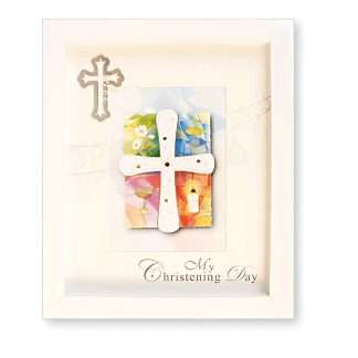 White enamel finish christening photo frame with cross motif and crystal stones, 8x9.5 inches, holds 4x6 photo