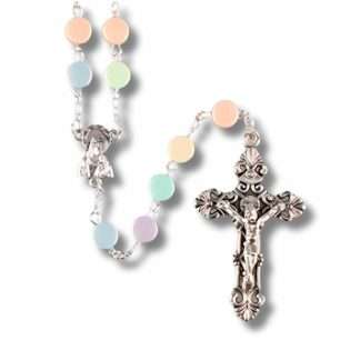 Assorted 7mm acrylic rosary beads with pearl finish and metal crucifix.