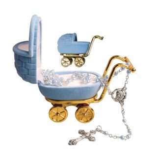 Baby’s first rosary with 4mm blue imitation pearl beads in a pram-shaped box, available in pink or blue.