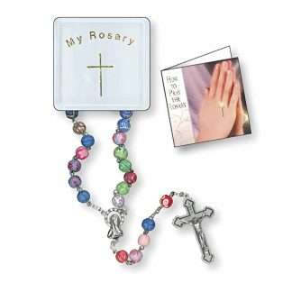 Multi-coloured children’s soft resin rosary with 6mm beads, boxed with rosary card.