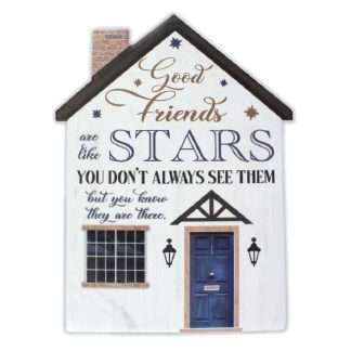Porcelain plaque with “Good friends are like stars…” quote, shown with stand and wall hanger