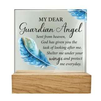 Standing glass plaque with Guardian Angel verse, bevelled edges, and wooden base.