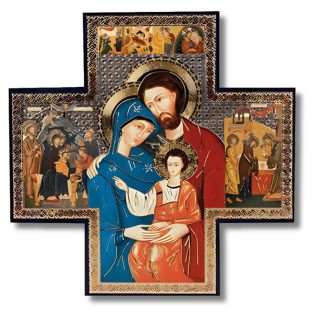 6x6 inch wood cross icon with gold and silver metallic image of the Holy Family for hanging