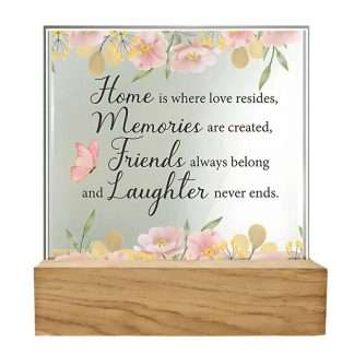Standing glass plaque with “Home & Memories” verse, bevelled edges, and wooden base.