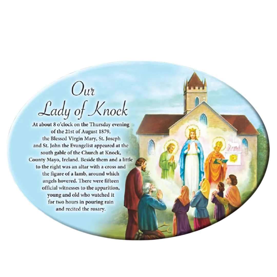 Oval ceramic plaque with image of the Knock apparition and explanatory text, with stand and hanger.