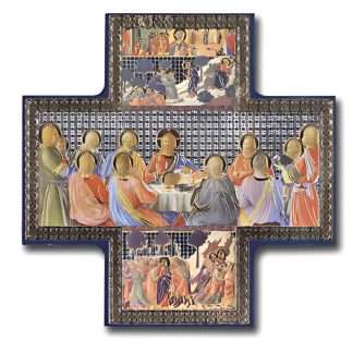 6x6 inch wood cross icon with gold and silver metallic image of the Last Supper for hanging