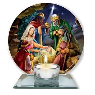 Glass votive light holder with Nativity and Three Kings scene, 4.75-inch square