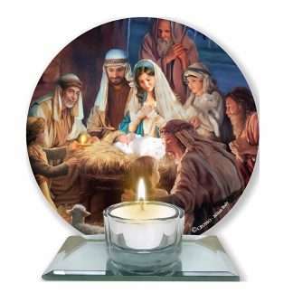 Glass votive light holder with Nativity and shepherds scene, 4.75-inch square