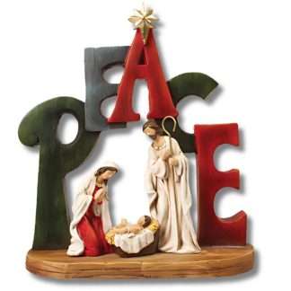 “Peace” resin Nativity with Holy Family under sculpted word design and gold accents