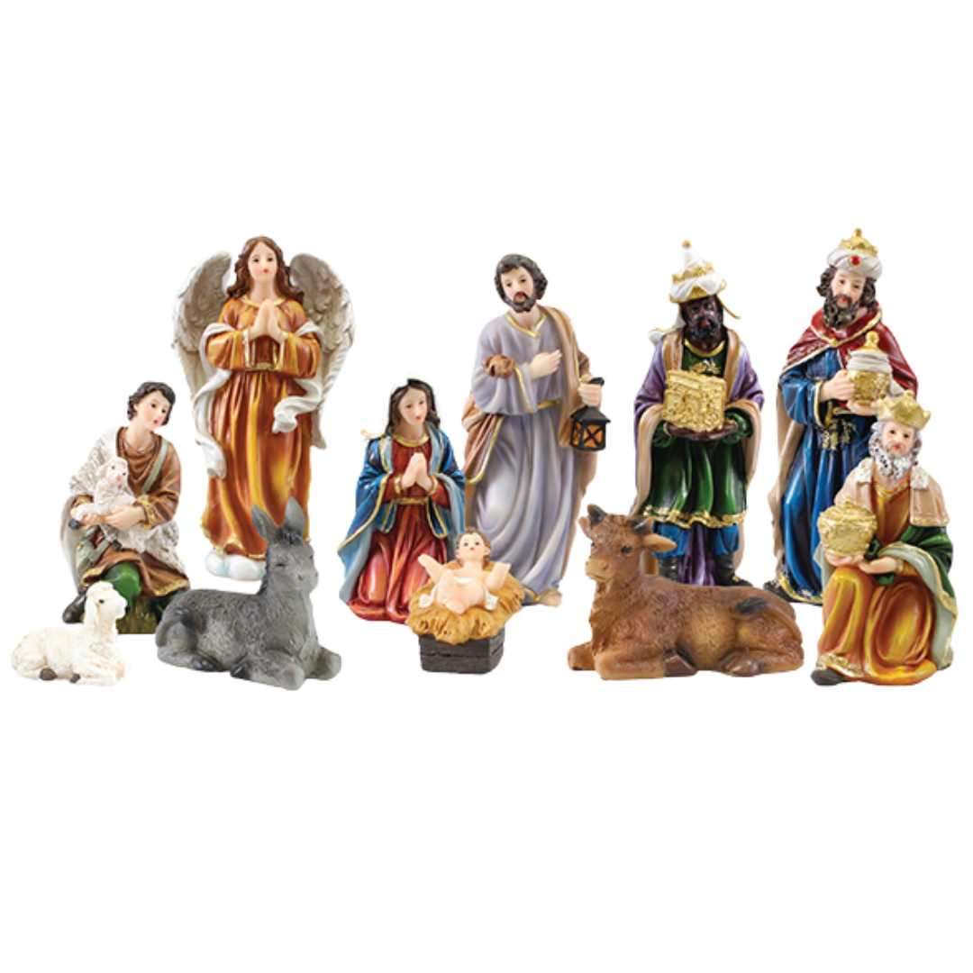 11-piece hand-painted resin Nativity set with gold highlights, 5-inch figures, shed not included