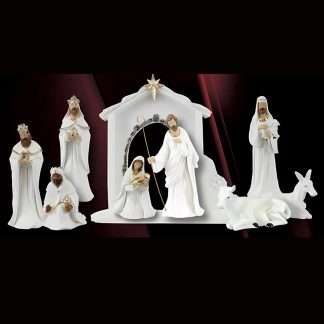Premium 9-piece resin nativity set with white finish, gold and silver highlights, including 11½-inch shed and stable