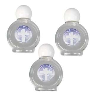 Set of three round 50ml holy water bottles with screw-on caps, 2.75 inches tall