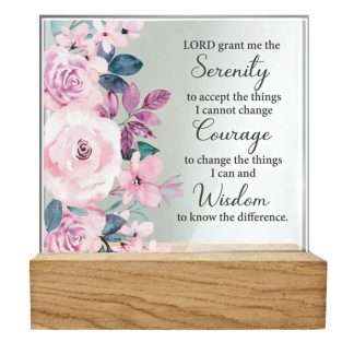 Standing glass plaque with Serenity Prayer, bevelled edges, and wooden base.