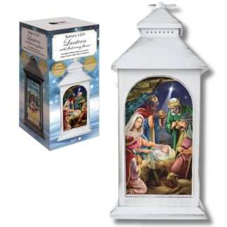 White Nativity lantern with LED flickering candle, timer function, glass windows, and included batteries