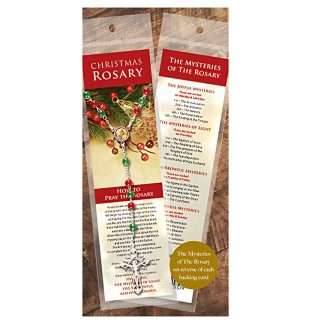 Christmas rosary with red and green beads, Holy Family junction, and Mysteries of the Rosary card bookmark