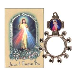 Chromed Divine Mercy rosary ring with enamel image and laminated prayer booklet with storage pocket