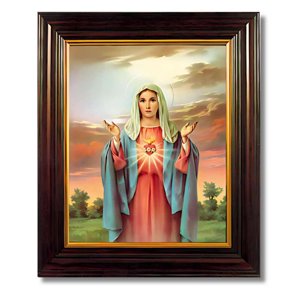Framed image of the Sacred Heart of Mary in a 10 × 12 inch frame with stand and hanger