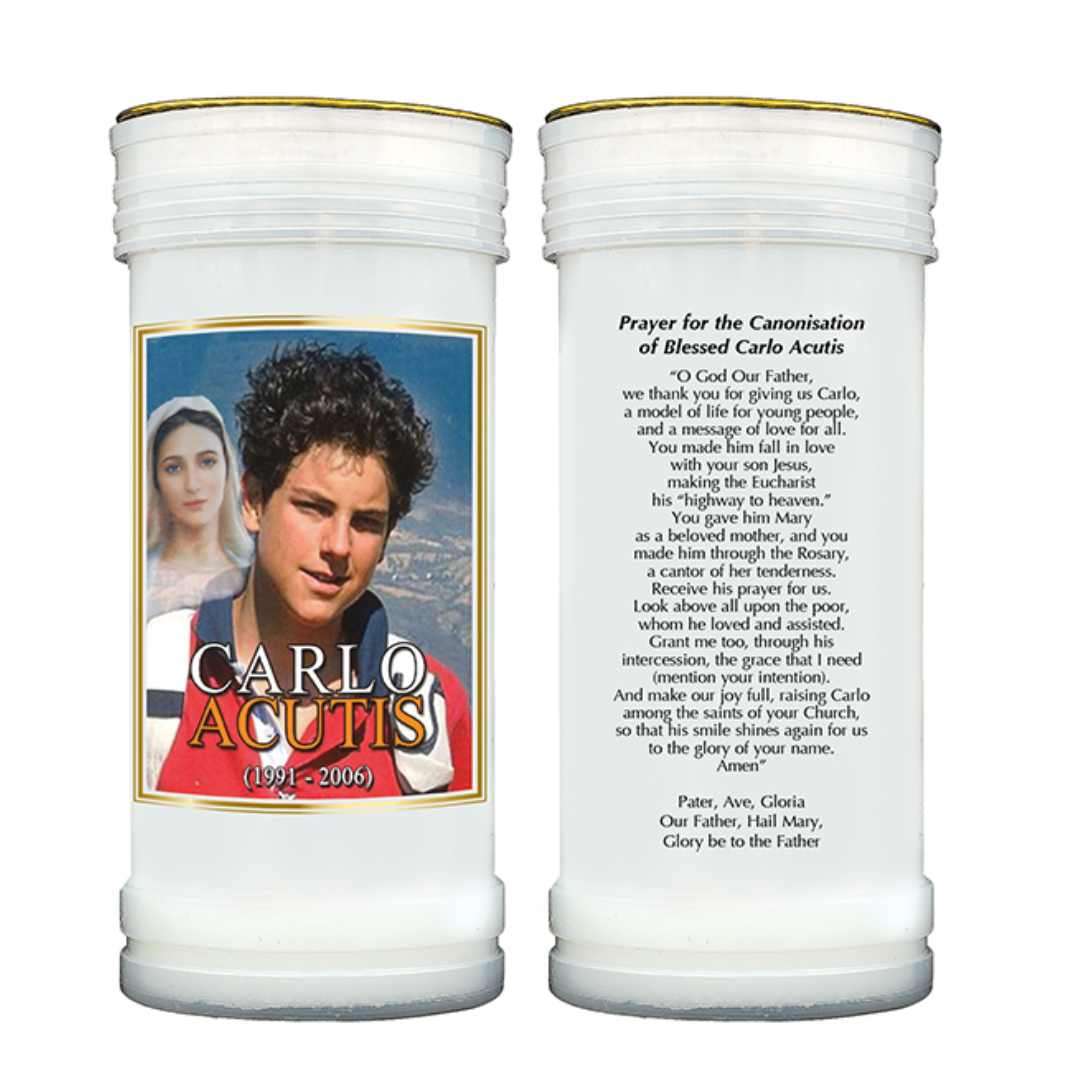 Pillar candle with image of St Carlo Acutis on the front and prayer on the back - comes in pack of 2