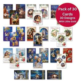 Pack of 30 small Christmas cards with envelopes, assorted festive designs