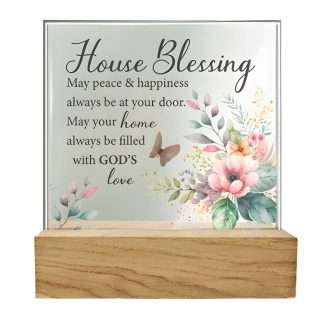 House Blessing standing glass plaque with bevelled edges on a wooden base, 4 x 4 inches.