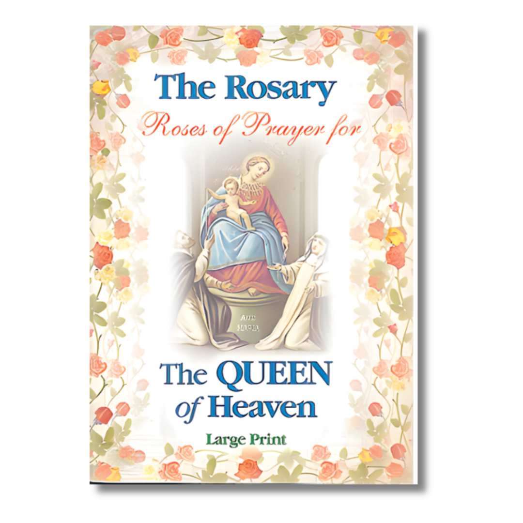 Cover of The Rosary Queen of Heaven large print illustrated Catholic prayer book, showing full-colour artwork and rosary devotion theme.