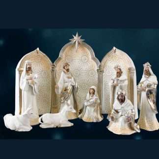 Modern resin nativity set with 9 hand-painted figures in white with gold highlights and a 10¾-inch three-section stable.