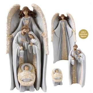 Resin nativity set featuring the Holy Family and angel, 4 hand-painted figures with gold highlights. Three figures nest together, 9½ inches tall.