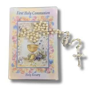 First Holy Communion rosary gift set with pearl-coloured beads, chalice centrepiece, and “How to Pray the Rosary” booklet