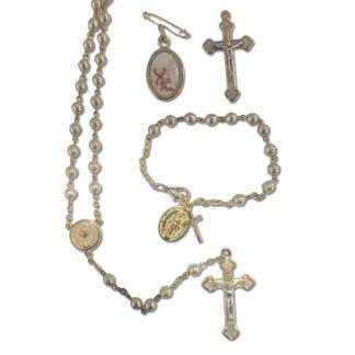 Girls First Holy Communion gift set with pearlescent cream rosary beads, bracelet with Miraculous Medal and cross detail, pocket cross and chalice pin