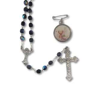 Black and blue Communion rosary beads with iridescent diamond-cut glass beads, chalice centrepiece and Communion medal pin