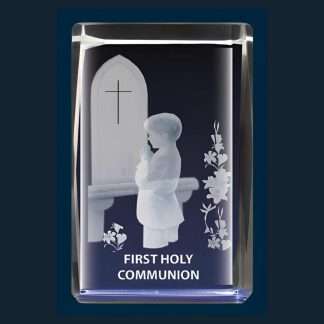 Boys Communion laser-engraved glass block, gift boxed, measuring 1½ inches by 2⅜ inches.