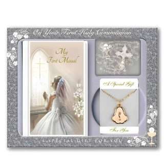 Girls Communion gift set with hardback book and crystal glass rosary with medal on 18-inch chain
