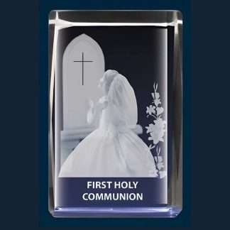 Girls Communion glass block with laser-engraved design, gift boxed, 1½ x 2⅜ inches