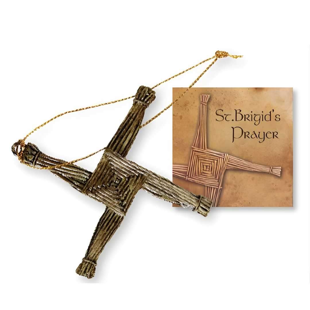 Metal St. Brigid’s Cross, 3¼ inch gold finish, gift boxed with hang cord and prayer card