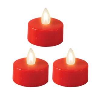 Pack of three red battery tea lights, 1½ inch diameter, with batteries included