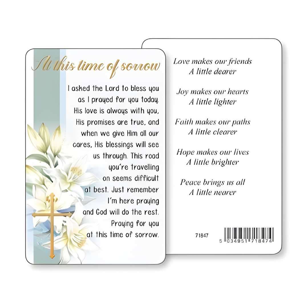 At This Time of Sorrow Grief Verse Card, laminated 3¼ × 2¼ inches, text on front offering comfort and prayer