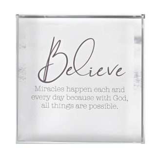 Believe Miracles Glass Block Paperweight, 3 × 3 × ¾ inches, bevelled edges, inspirational text