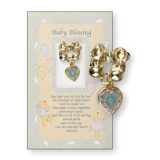 Blue baby booties brooch on card with printed baby blessing