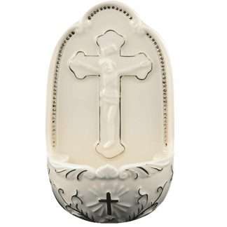 Porcelain holy water font with crucifix design and gold highlights, 5 inches high, wall hanging or standing
