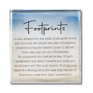 Footprints Glass Block Paperweight, 3 × 3 × ¾ inches, bevelled edges, featuring the Footprints poem