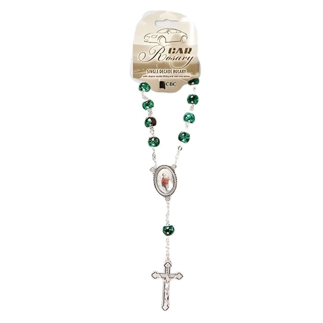 Glass Emerald Green Car Rosary, Single Decade, 7 mm green glass beads, compact for vehicle use