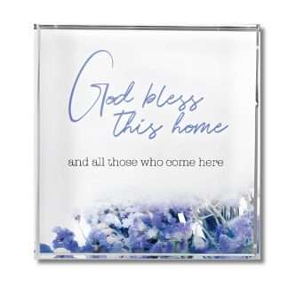 God Bless This Home Glass Block Paperweight, 3 × 3 × ¾ inches, bevelled edges, devotional message