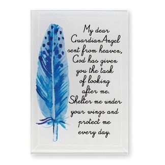 Glass Guardian Angel standing plaque with prayer, 3 inches by 4¾ inches, stands on flat surfaces
